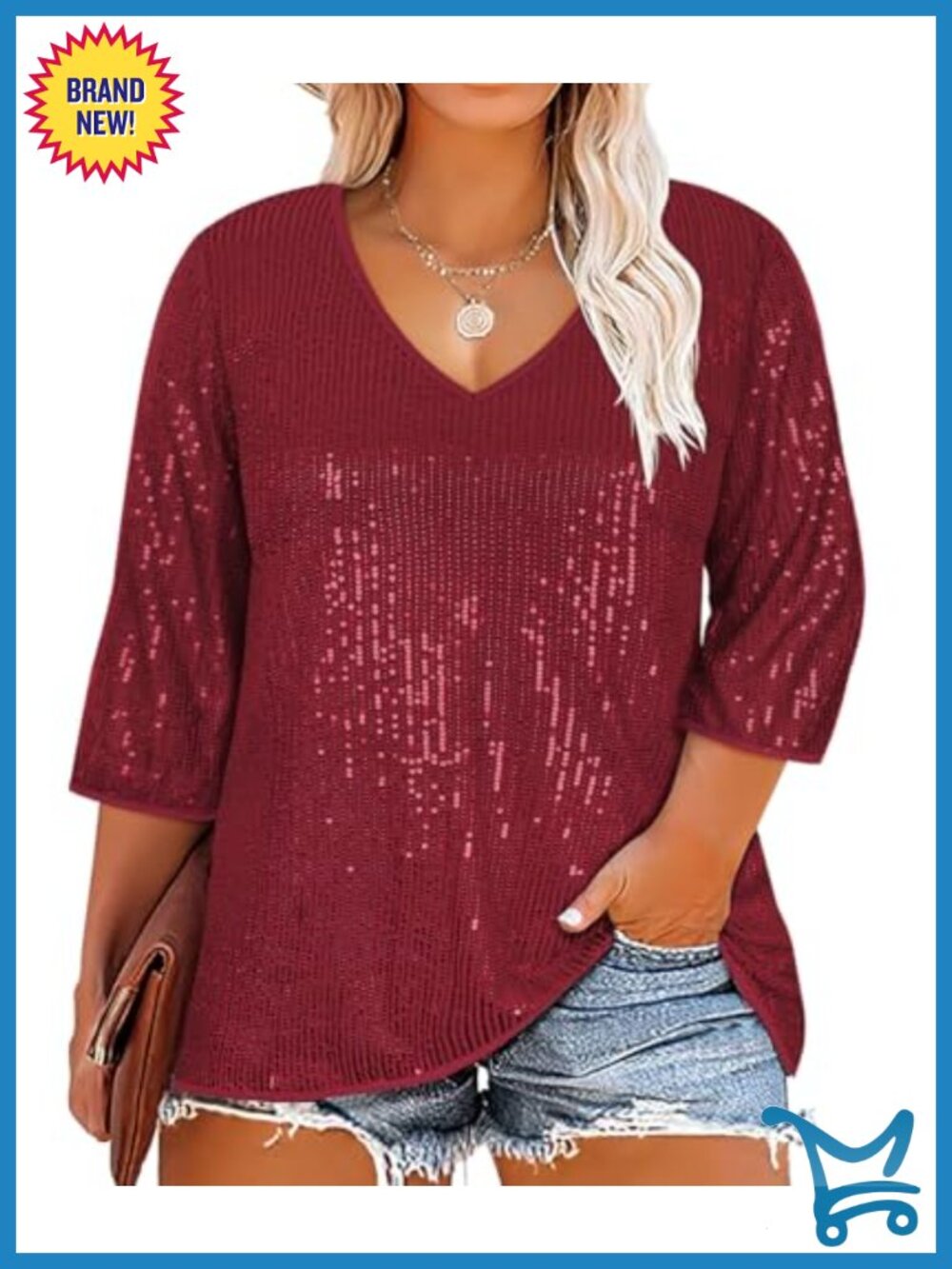 Plus Size Sequin Blouse 3/4 Sleeve V Neck Tunic Cocktail Party Top